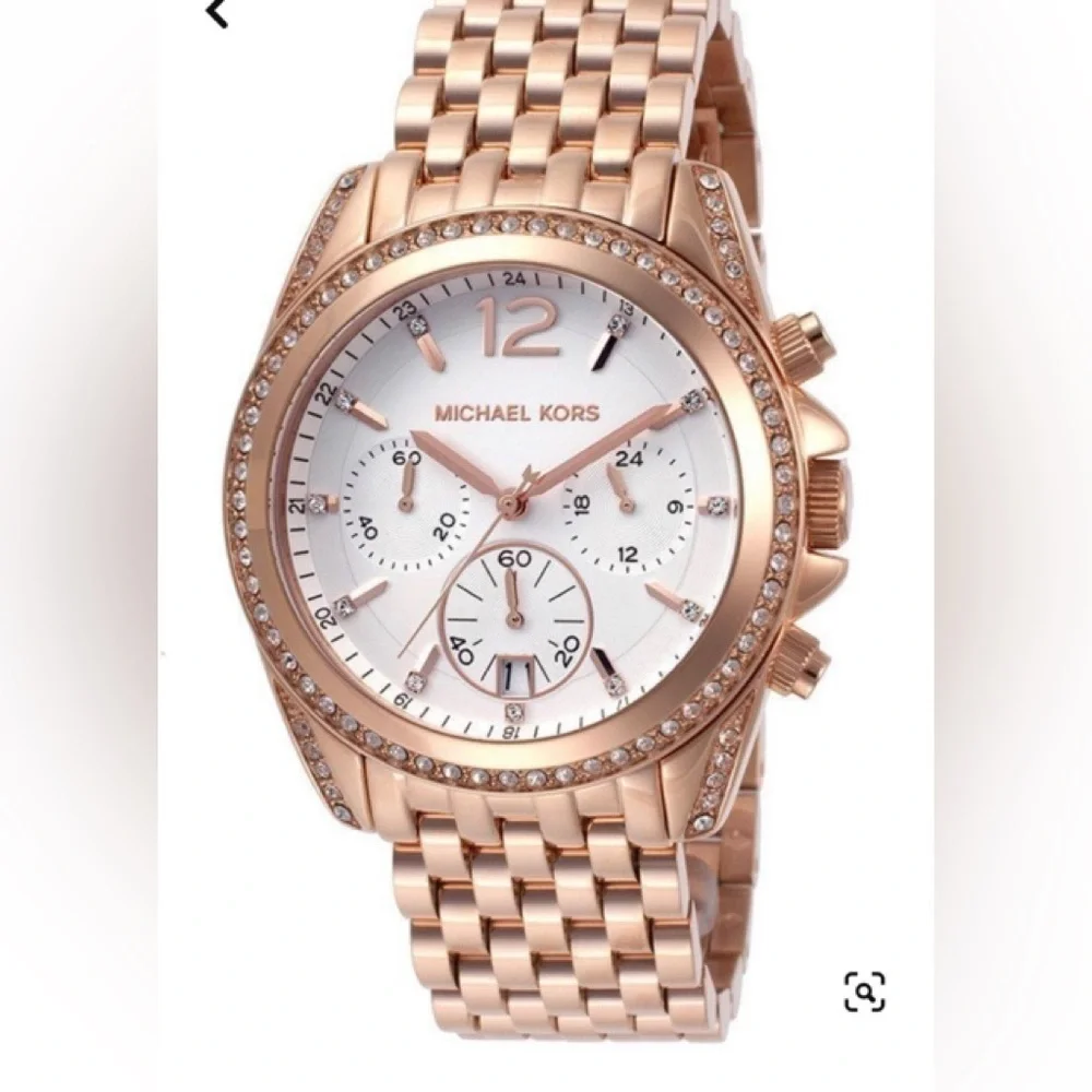 M.KORS-MK5836 Women's Pressley Chrono White Crystals White Dial Rose Gold Tone